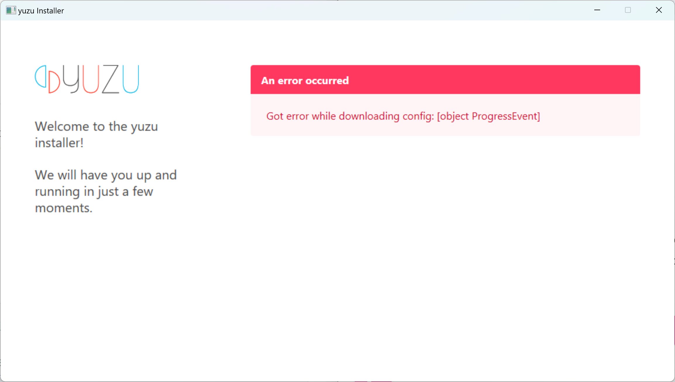 Screenshot showing the installer for the Yuzu Nintendo Switch emulator failing after it was taken down