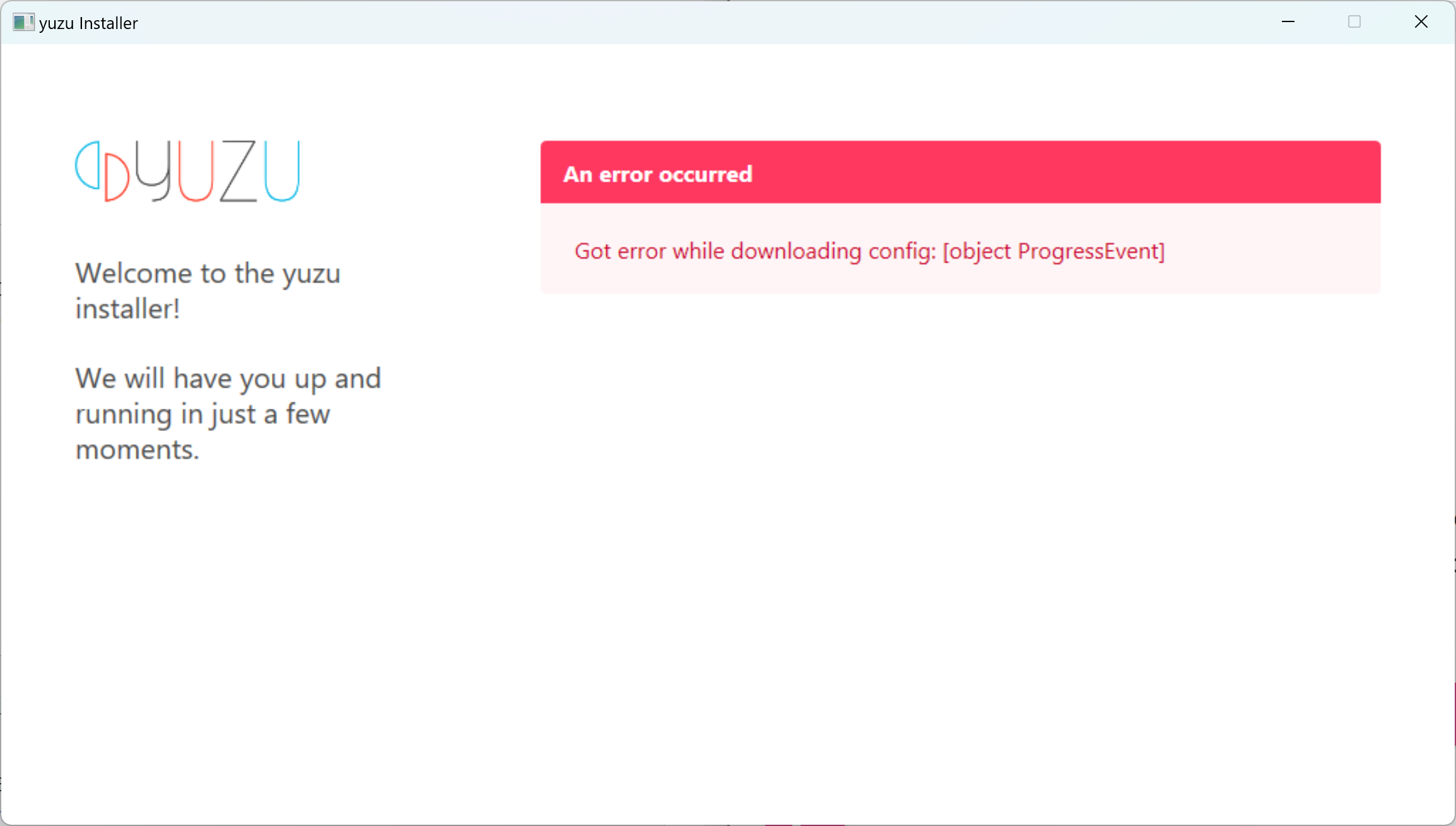 Image showing the installer for the Yuzu Nintendo Switch emulator failing after it was taken down