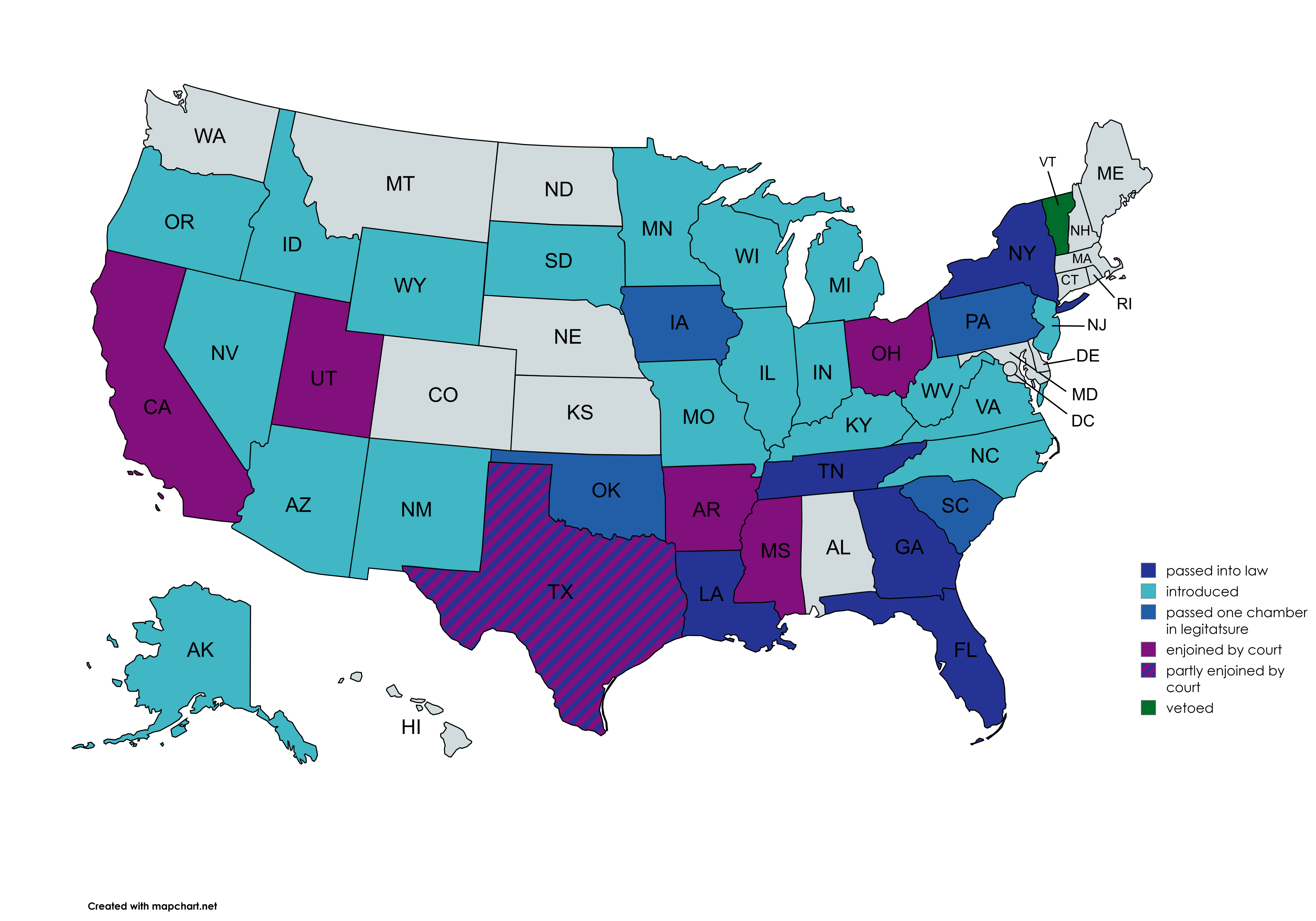 Image showing the status of social media ID verification laws in the US