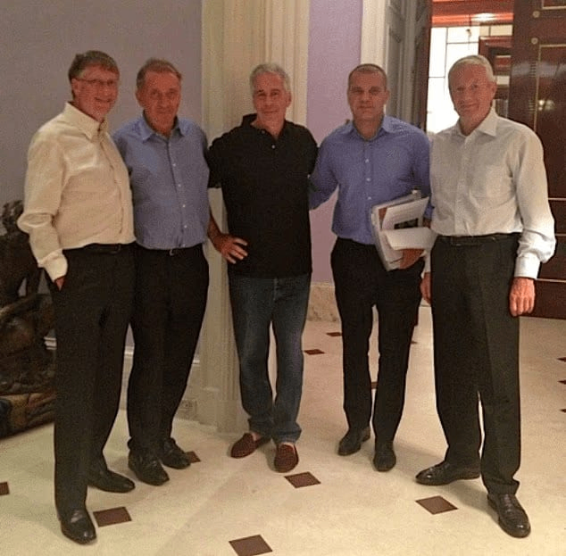 Image showing Microsoft co-founder Bill Gates, Norwegian politican Terje Rød-Larsen, Jeffrey Epstein, venture capitalist Boris Nikolic, and former Norwegian Prime Minister Thorbjørn Jagland