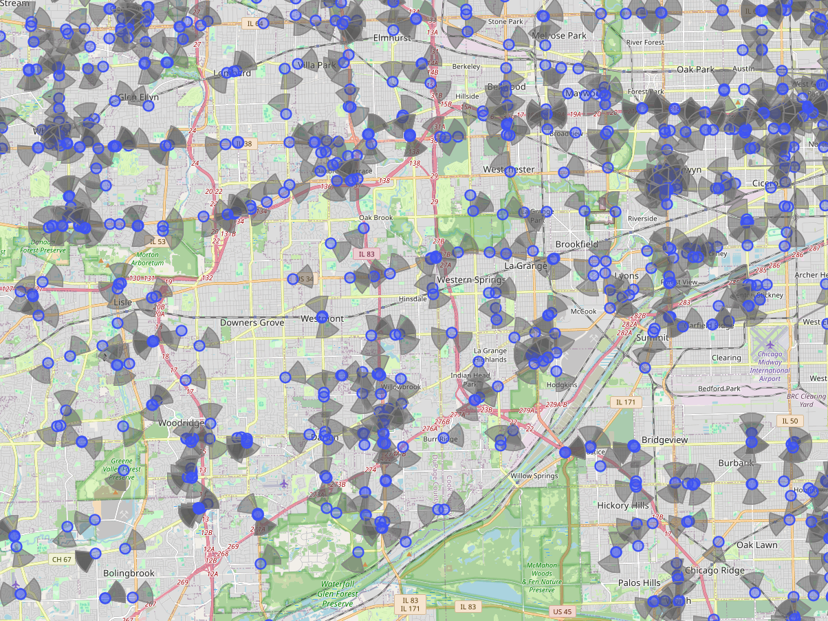 Image of a map showing the Flock cameras in the Chicago area