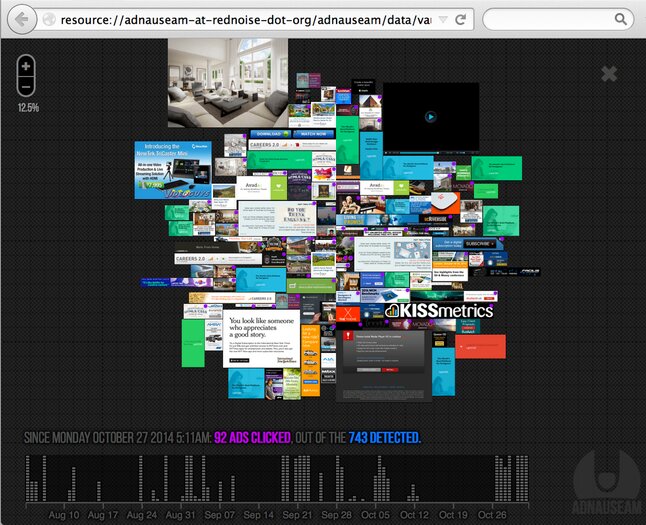 Screenshot showing AdNauseam's Ad Vault page, showing all the ads that have been clicked