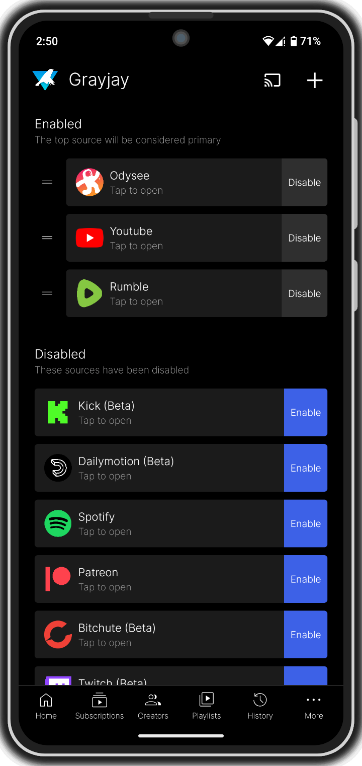 Screenshot of Grayjay's sources