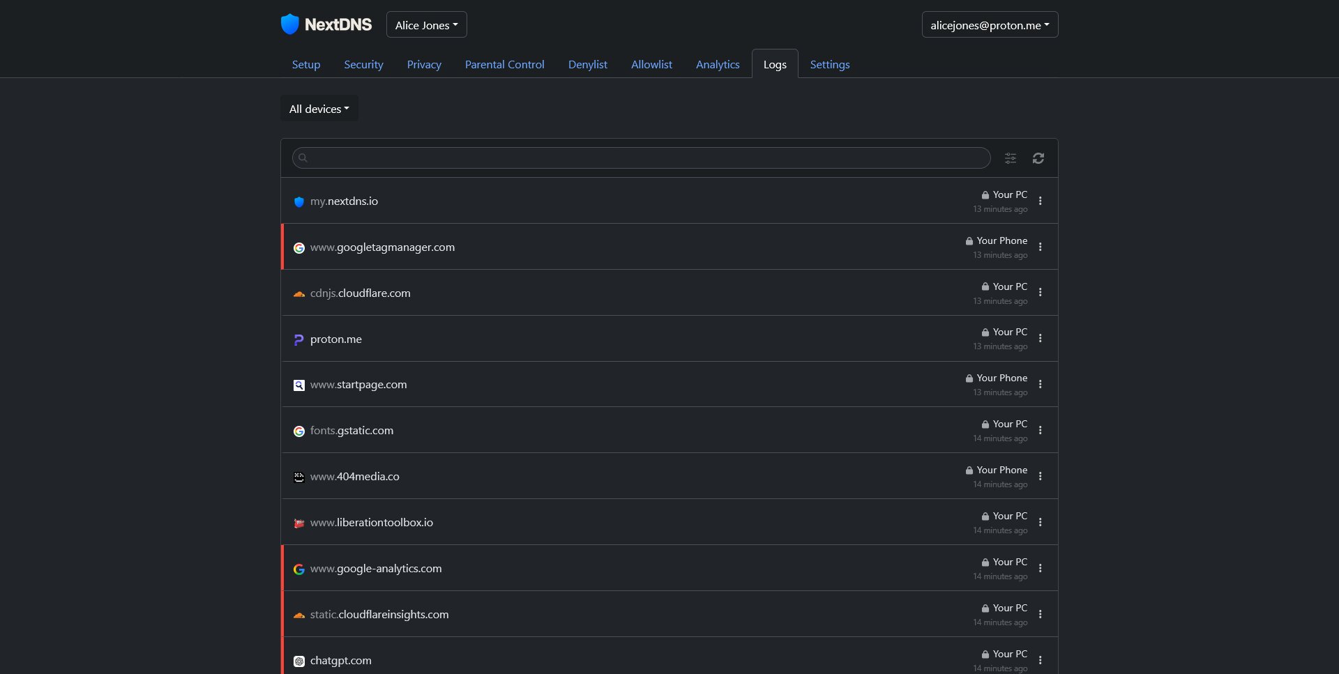 Screenshot showing NextDNS's Logs page, showing multiple addresses the device is connected to with some being blocked