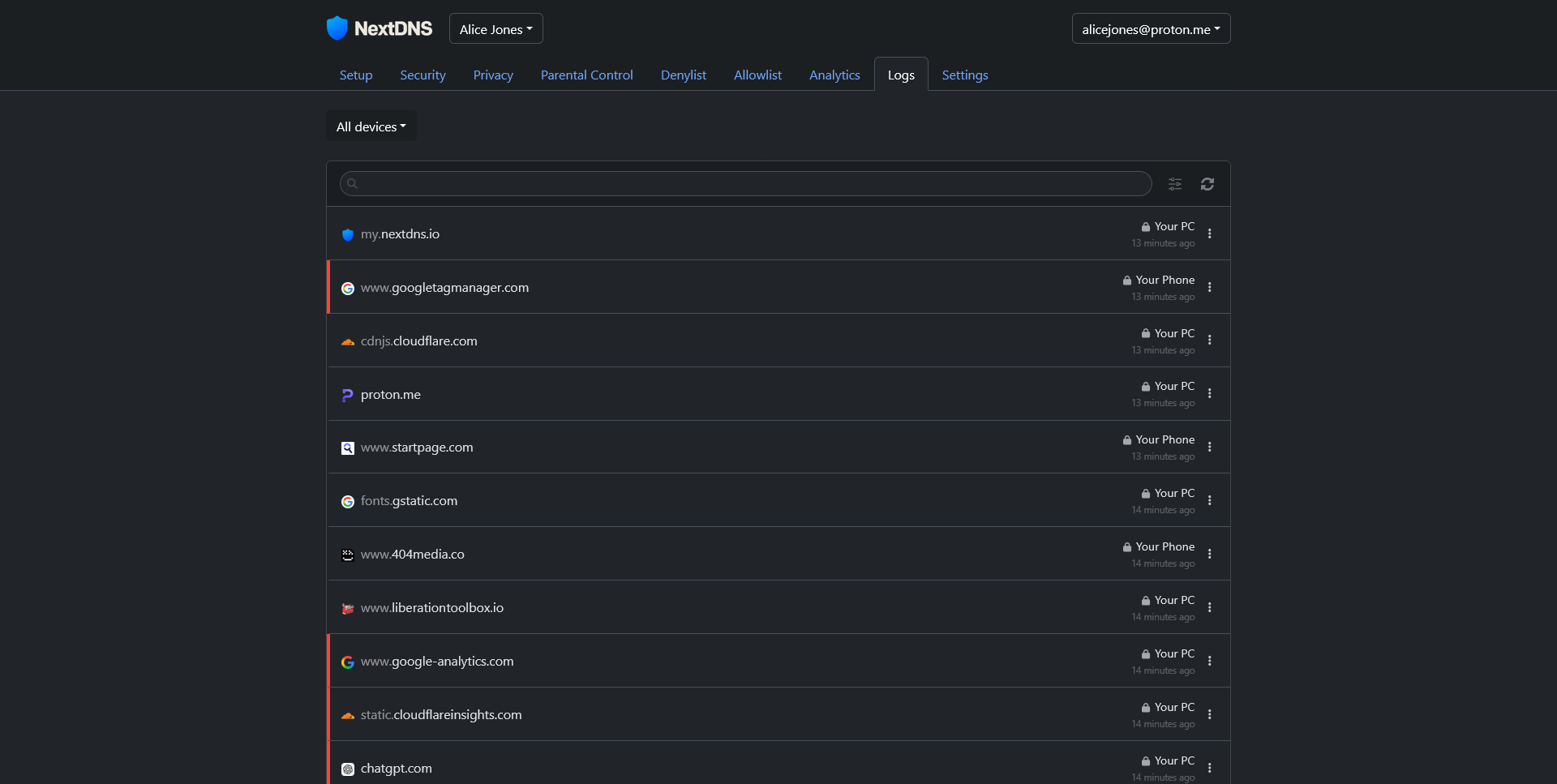 Screenshot of NextDNS's Logs page, showing multiple addresses the device is connected to with some being blocked
