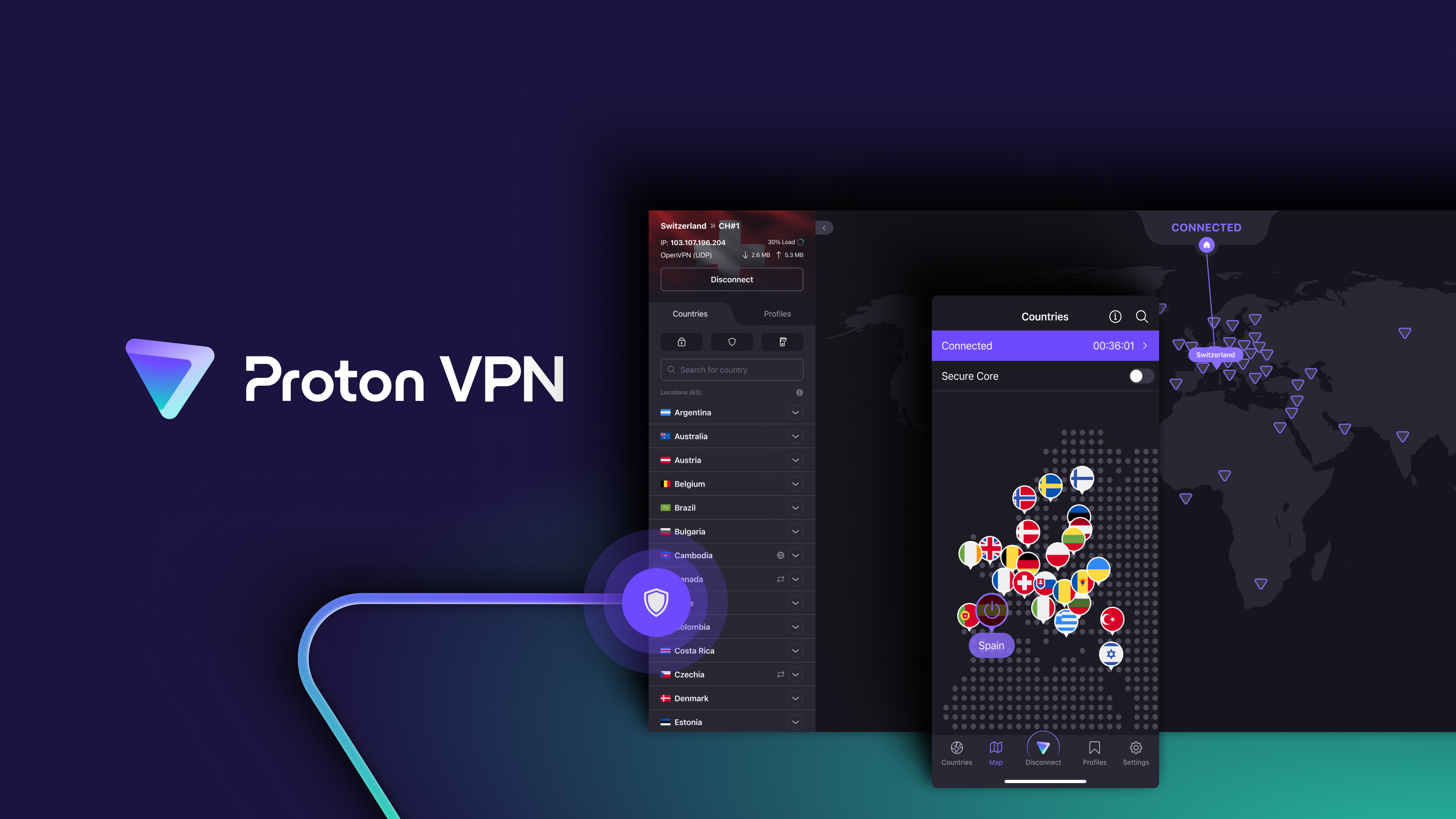 Screenshots showing Proton VPN's map