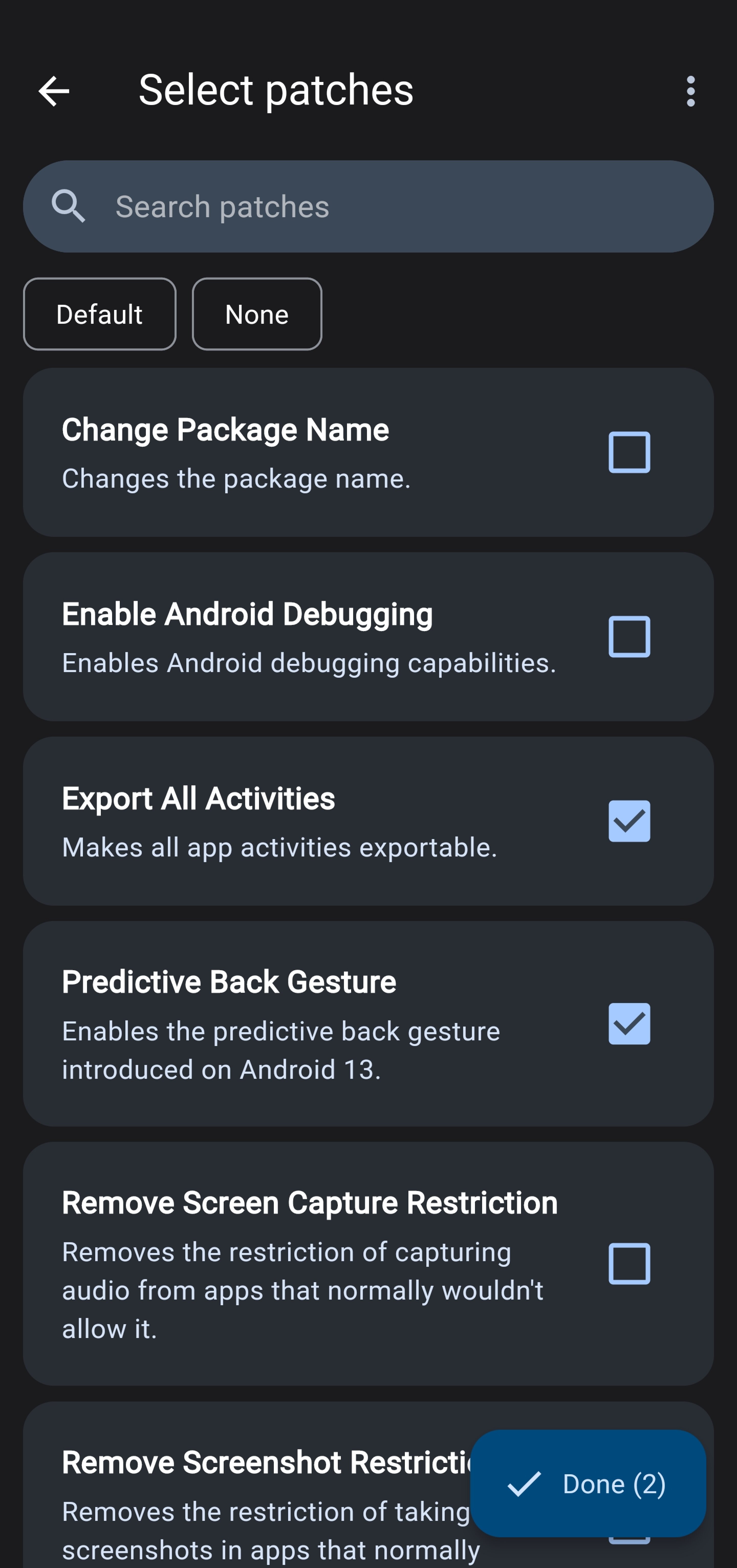 Screenshot showing the ReVanced Manager, showing possible patches for a specific app