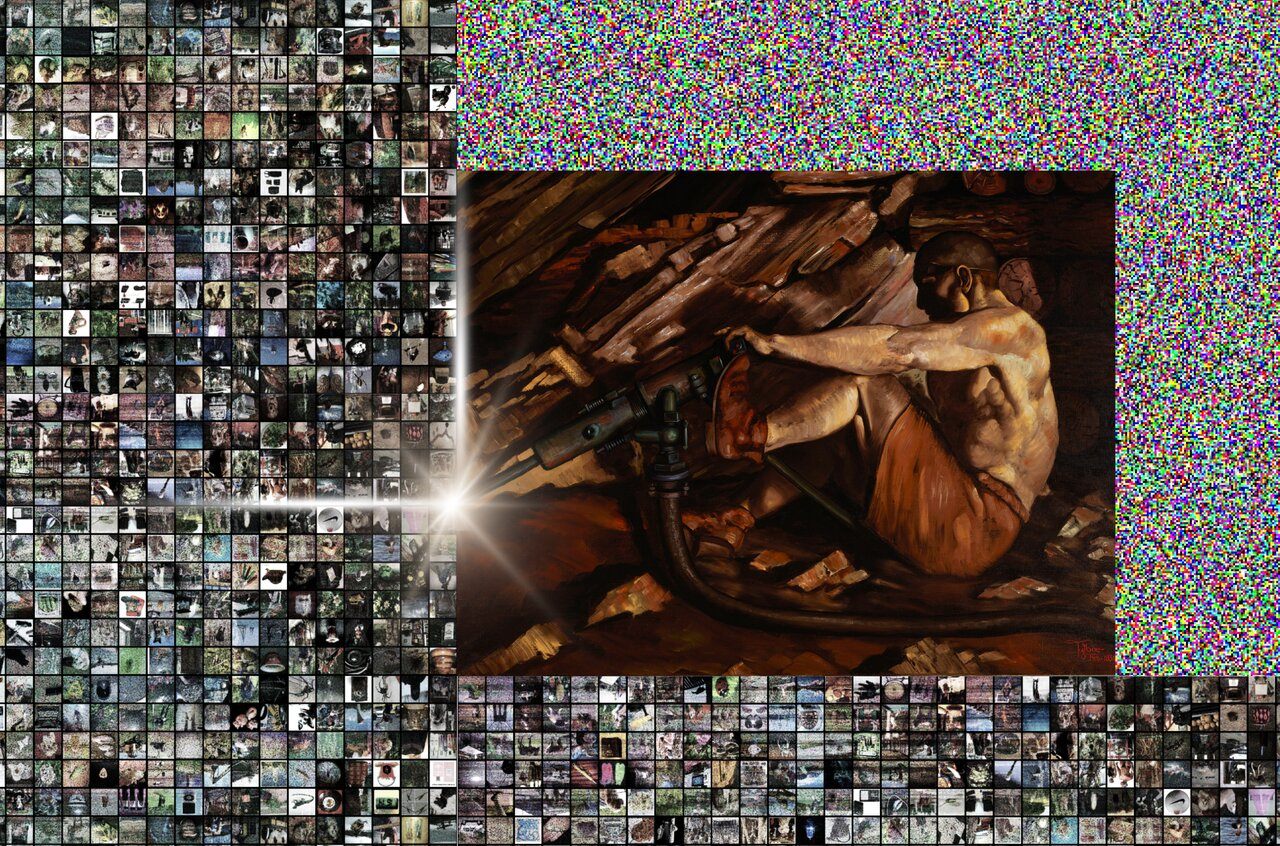 Image of a digital collage combining a historical painting of a miner with a large grid of small online images. At the center, a muscular miner works underground with a heavy drill inside a dark tunnel. To the left and along the bottom, hundreds of tiny square images form a dense mosaic, suggesting scraped internet content. A bright beam of light connects the image grid to the miner’s drill. On the right, a block of colorful digital noise contrasts with the detailed painting, reinforcing the link between physical mining and data extraction