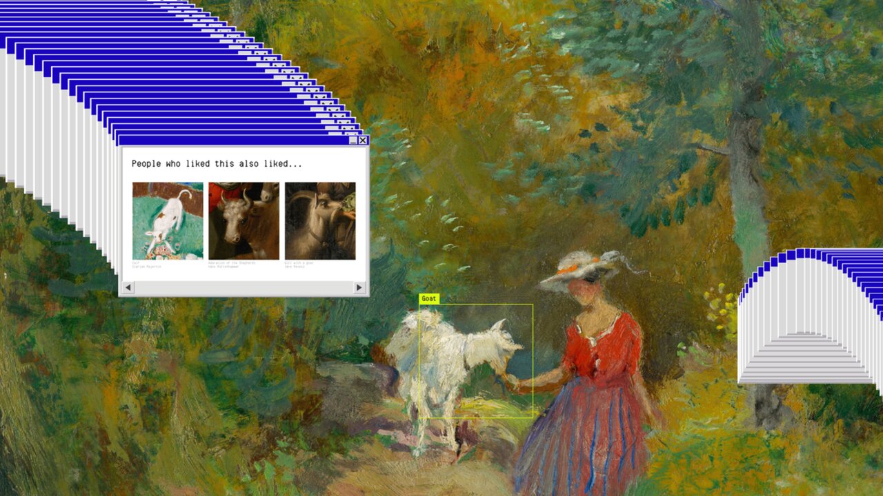 Image showing a collage that shows multiple repeated tabs with the words "people who liked this also liked...". In the middle, there is a painting of a woman feeding a goat. The goat has been highlighted in a yellow bounding box. The background is a painted nature scene