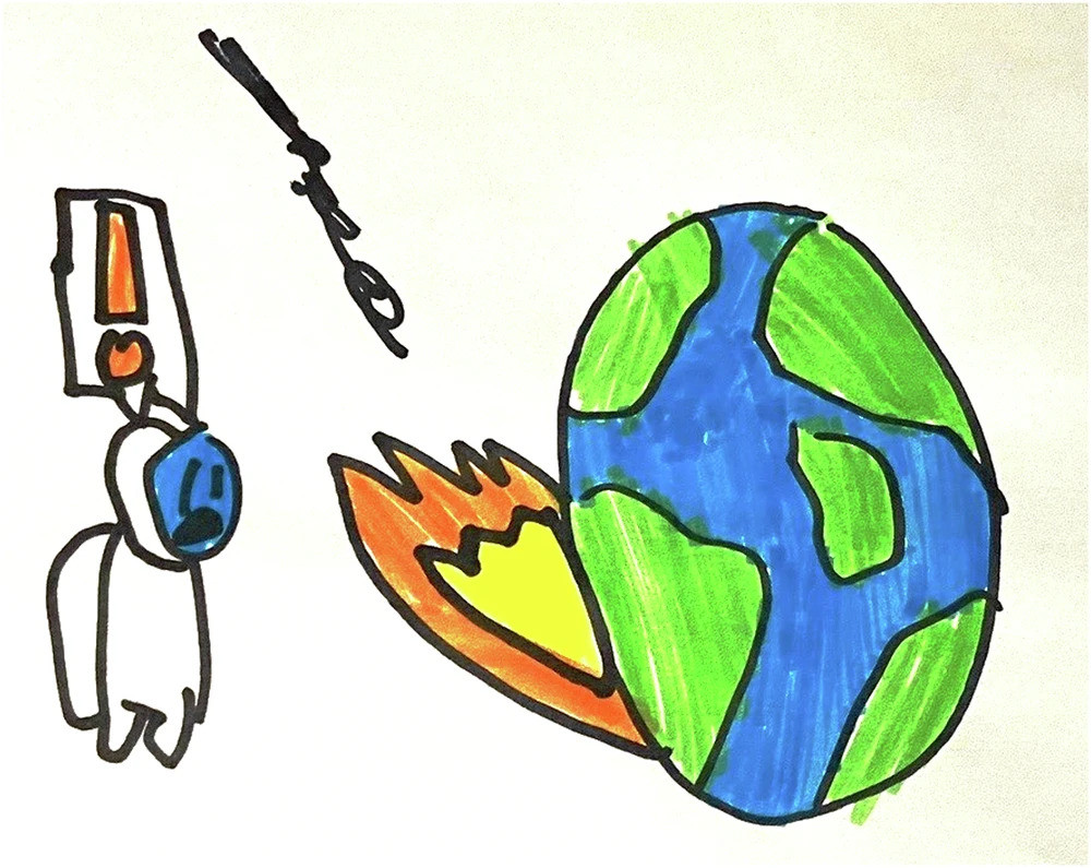 Photo showing a child's drawing of what the Earth will look like in 50 years, which shows an astronaut looking at the planet in horror as it burns