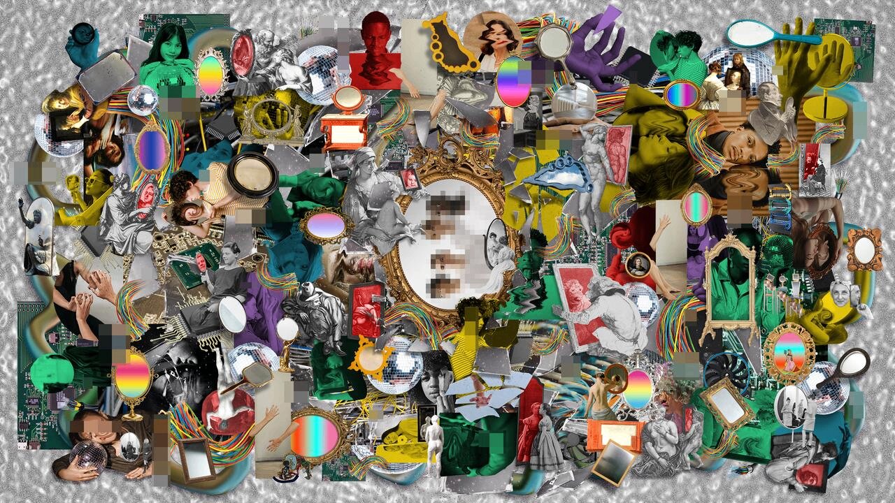 Image showing a collage with mirrors reflecting diverse human figures, symbolizing AI data's human origin and the 'human in the loop' concept
