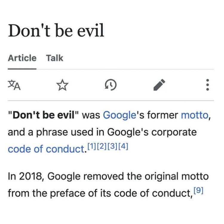 Screenshot showing the article for Google's former motto, "Don't be evil", shared by Depths of Wikipedia