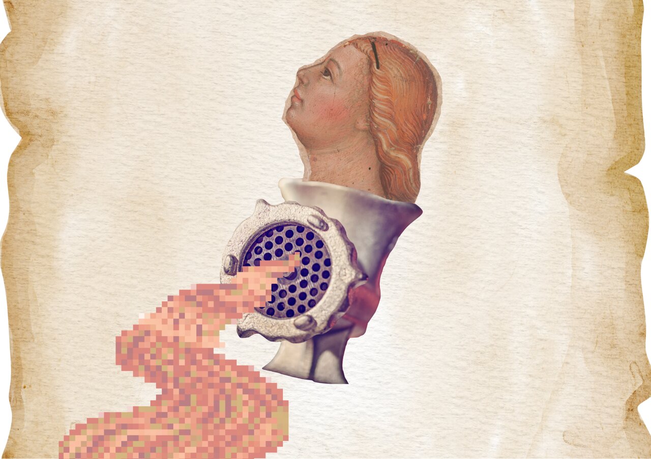 Image showing A heritage painting of a beautiful woman's head in profile is shown jutting out of a silver machine for meat grinding and mincing, with a pixilated flesh-coloured stream shown as running out the holes of the grinder
