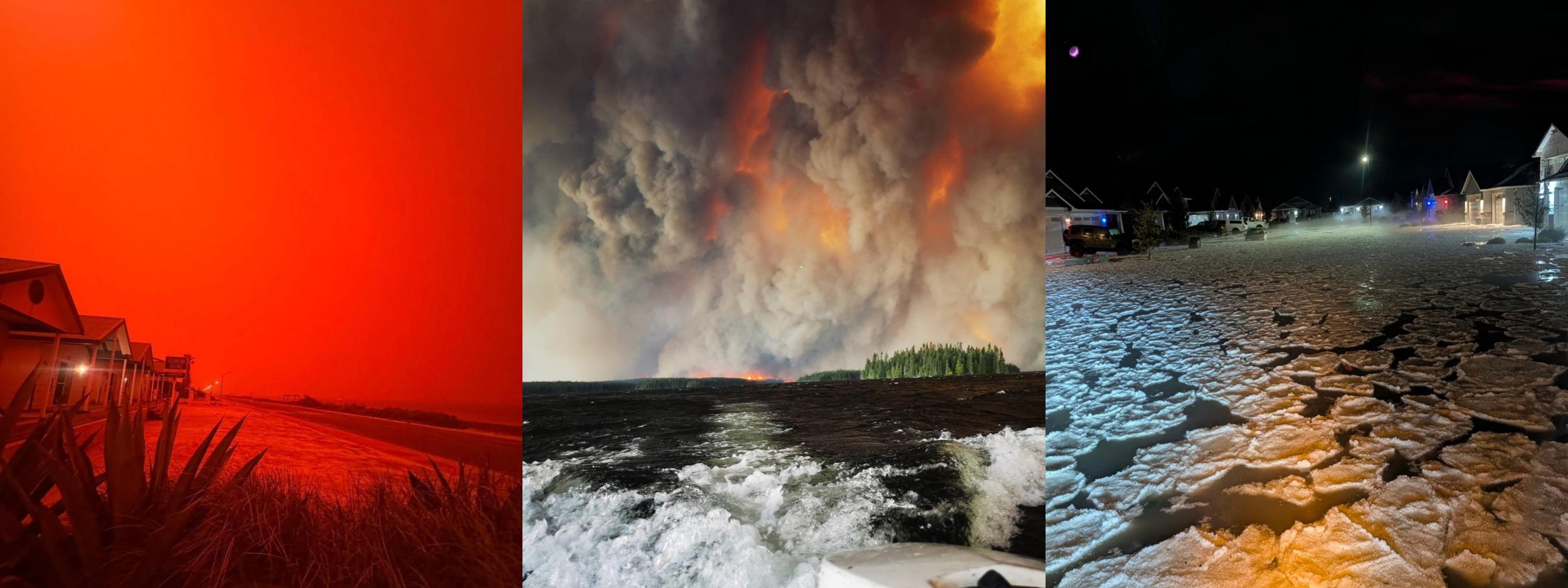 Photo showing the world turned red before Cyclone Narelle in Australia and a photo showing a neighborhood flooded with ice in Idaho