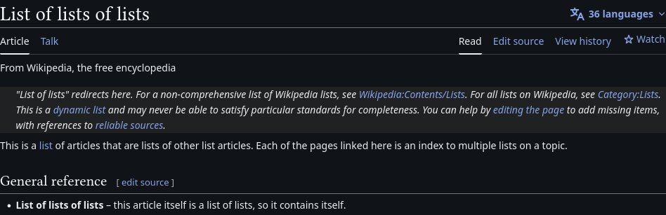 Screenshot showing the article for the List of lists of lists