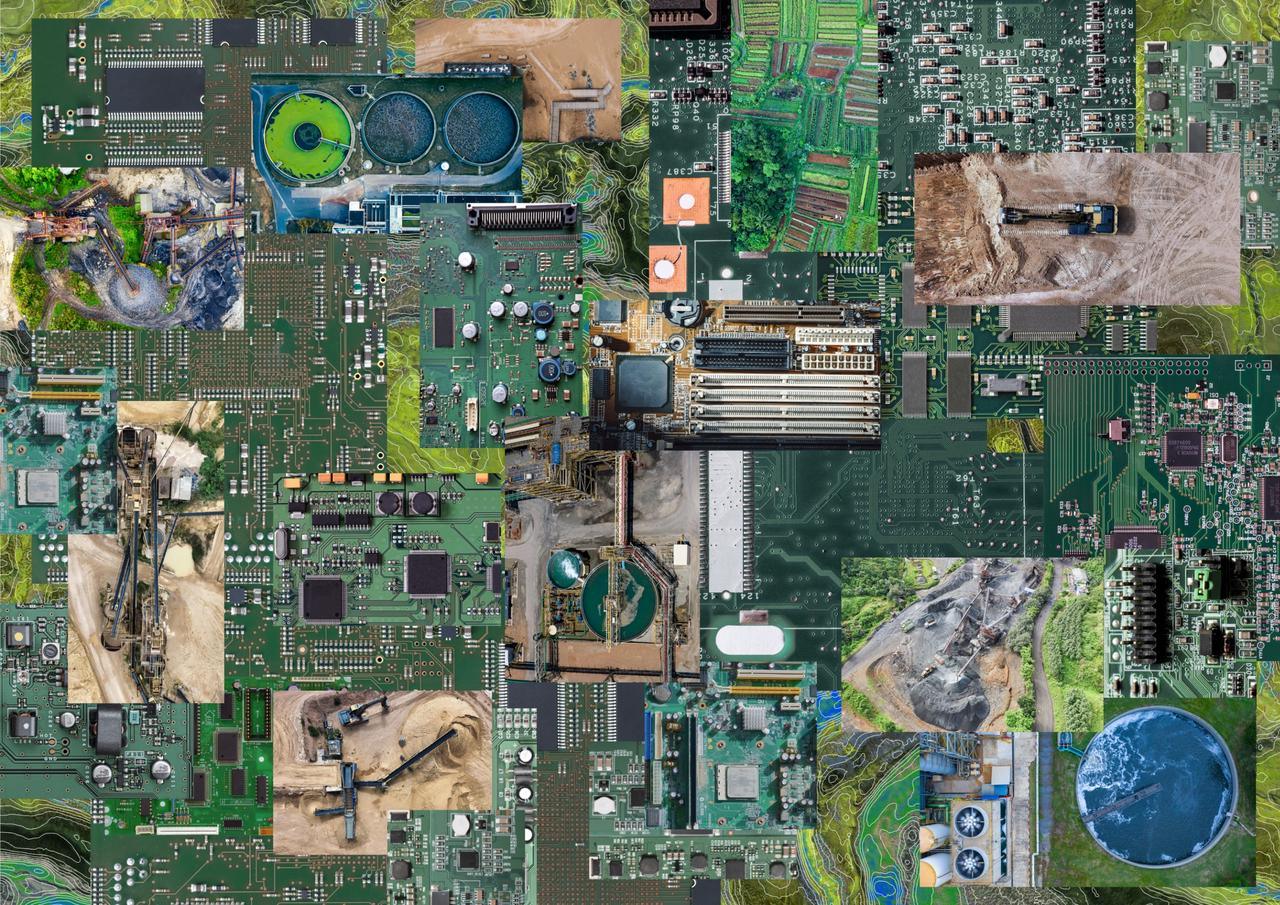 Image showing a collage of circuit boards interwoven with aerial photographs of water treatment facilities, agricultural lands, industrial sites and mining machinery
