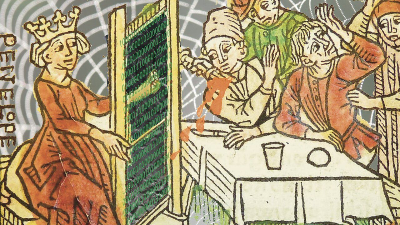 Image showing an archival image of a medieval dinner scene. On one side, there is a Penelope (from Greek mythology) weaving, but instead of thread, it is a board of binary code. On the other side, there is a a drink spilling and other figures looking distressed/chaotic