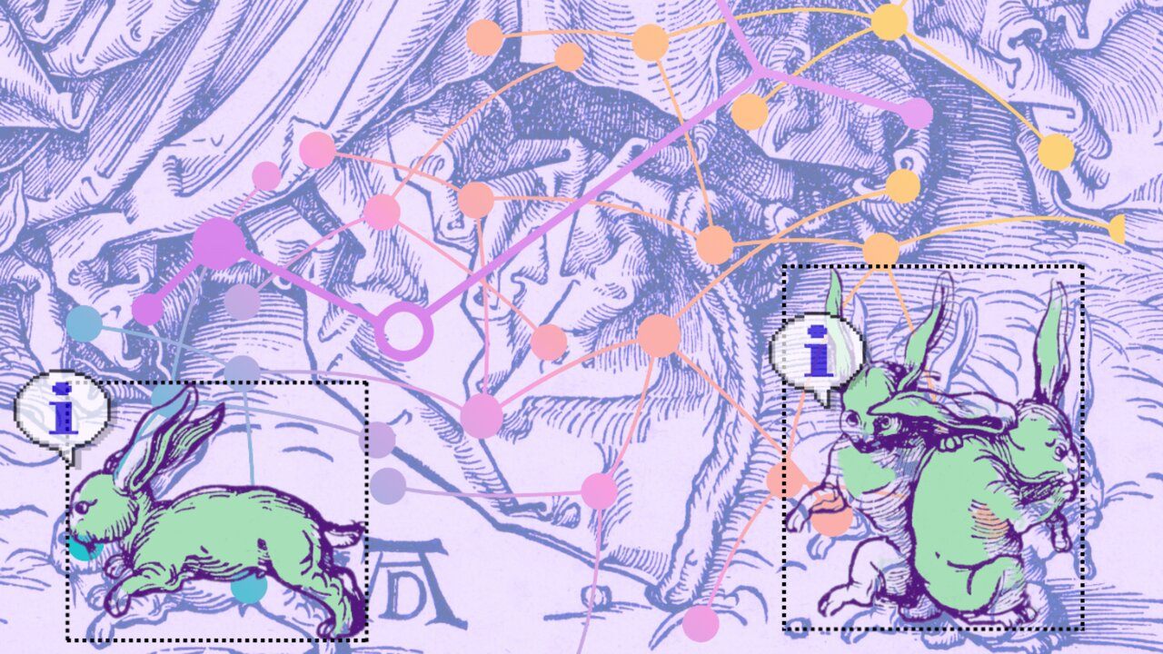 Image showing three green rabbits sit at the bottom of the image with dotted lines in a square around them, with an "i" information symbol captured within a speech mark. In the background is a sketch, set against a purple background. A neural network diagram is overlaid the background