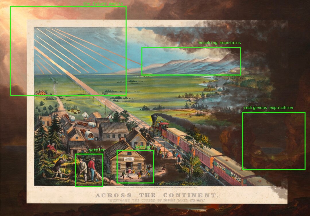 Image showing a highly-contrasted digital landscape of a train going West with settlements in the bottom left. The image has 5 boxes symbolising computer vision, with text that reads "settler" "beckoning mountains" and "the future awaits" and "indigenous population" which is non-existent